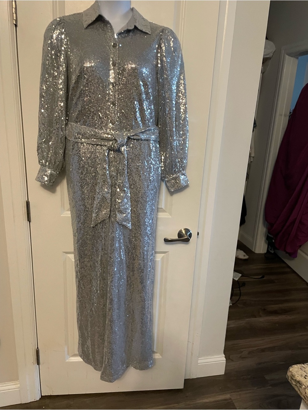Silver Sequin Jumpsuit with Waist Tie